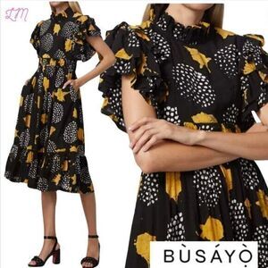 Busayo Other Side Of Midnight Tosin Midi Dress Size Large‎ Black Yellow White